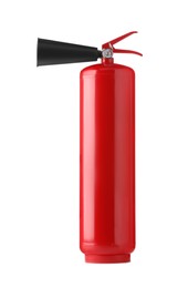 Photo of One red fire extinguisher on white background