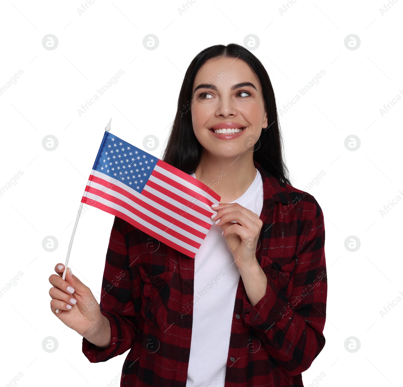 Image of 4th of July - Independence day of America. Happy young woman holding national flag of United States on white background