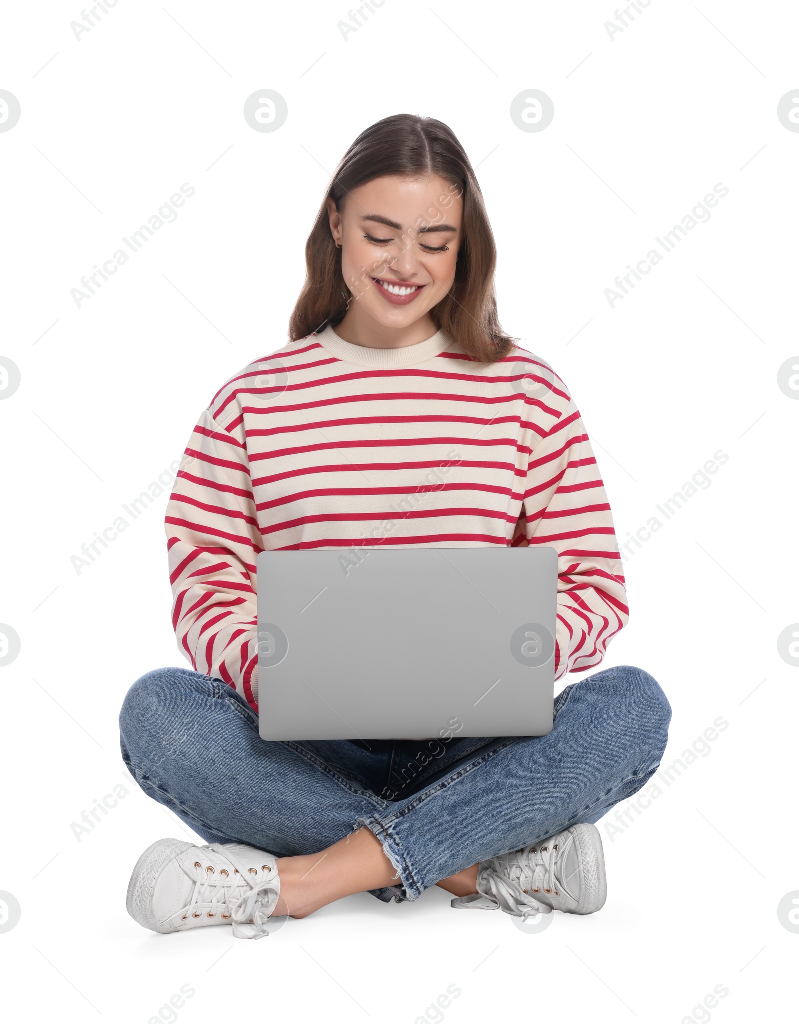 Photo of Happy woman with laptop on white background