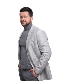 Photo of Handsome bearded businessman in suit on white background