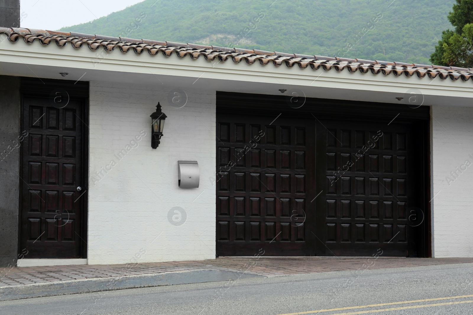 Photo of White wall with beautiful black gates. Exterior design