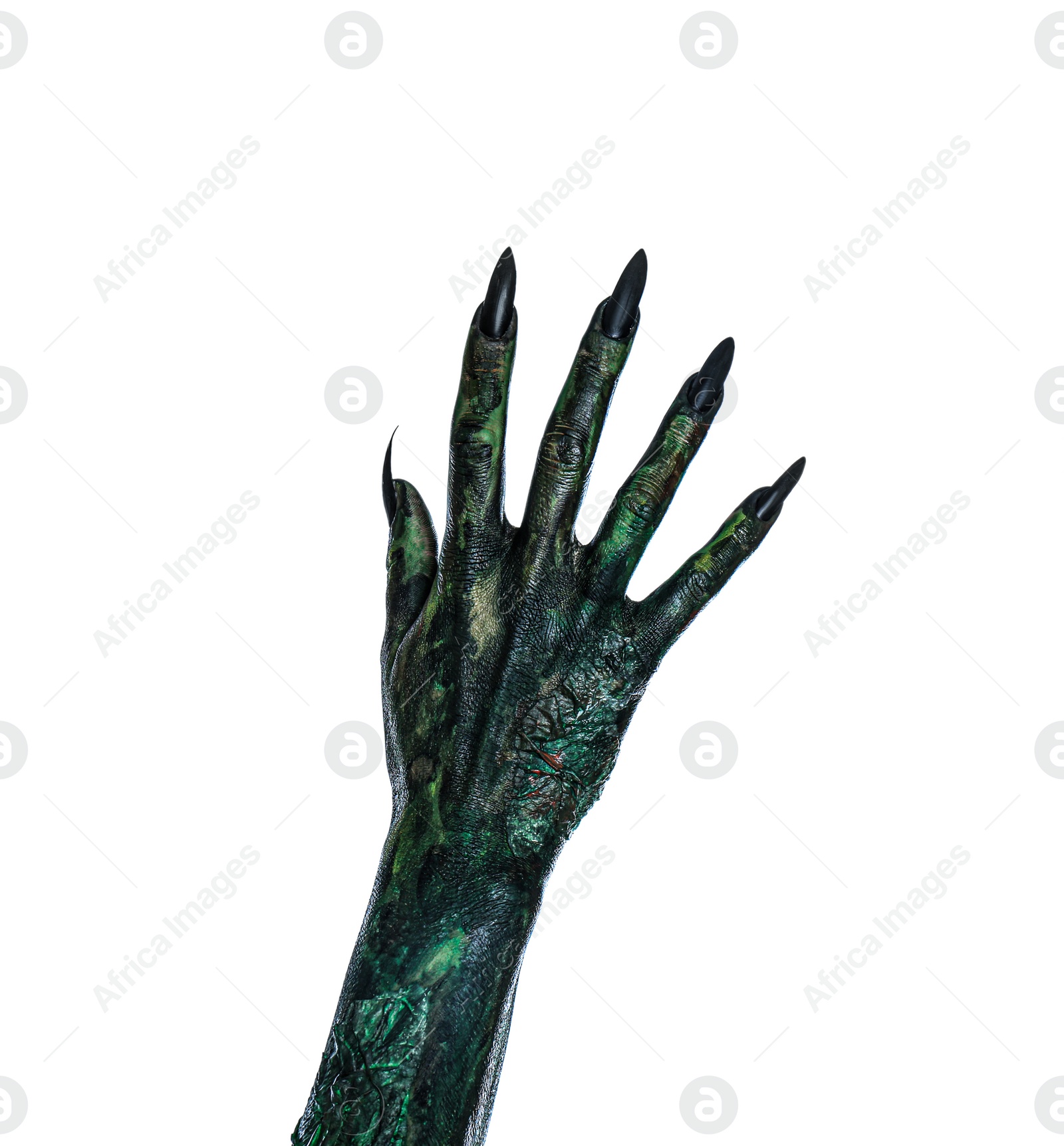 Photo of Scary monster on white background, closeup of hand. Halloween character