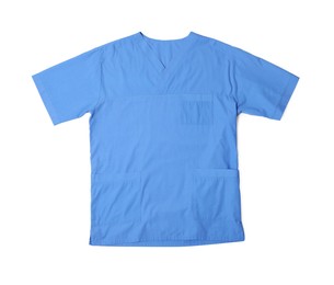 Blue medical uniform isolated on white, top view