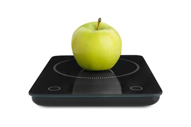 Electronic scales with ripe green apple on white background