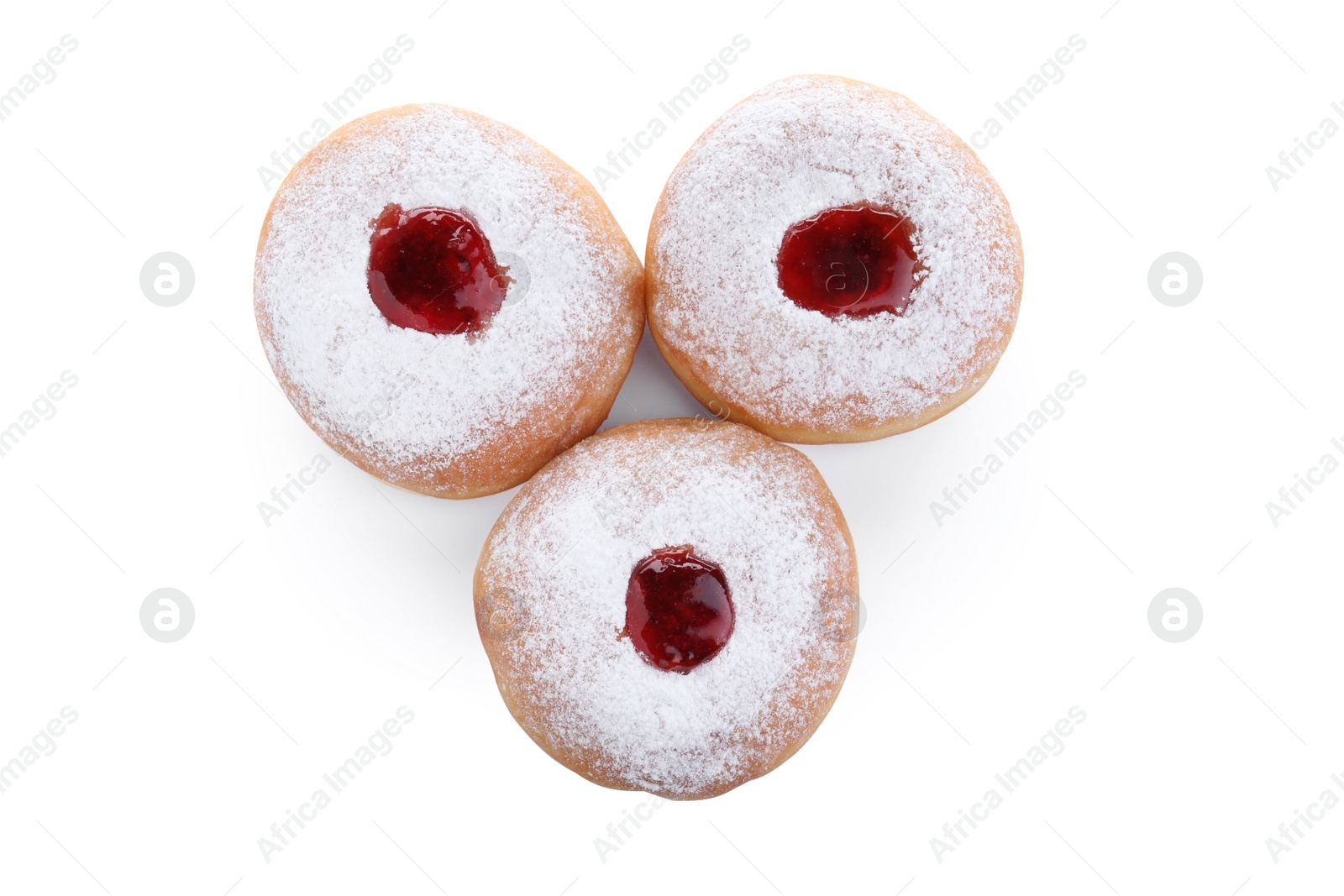 Photo of Hanukkah doughnuts with jelly and sugar powder on white background, top view