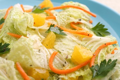 Photo of Tasty salad with Chinese cabbage on plate, closeup