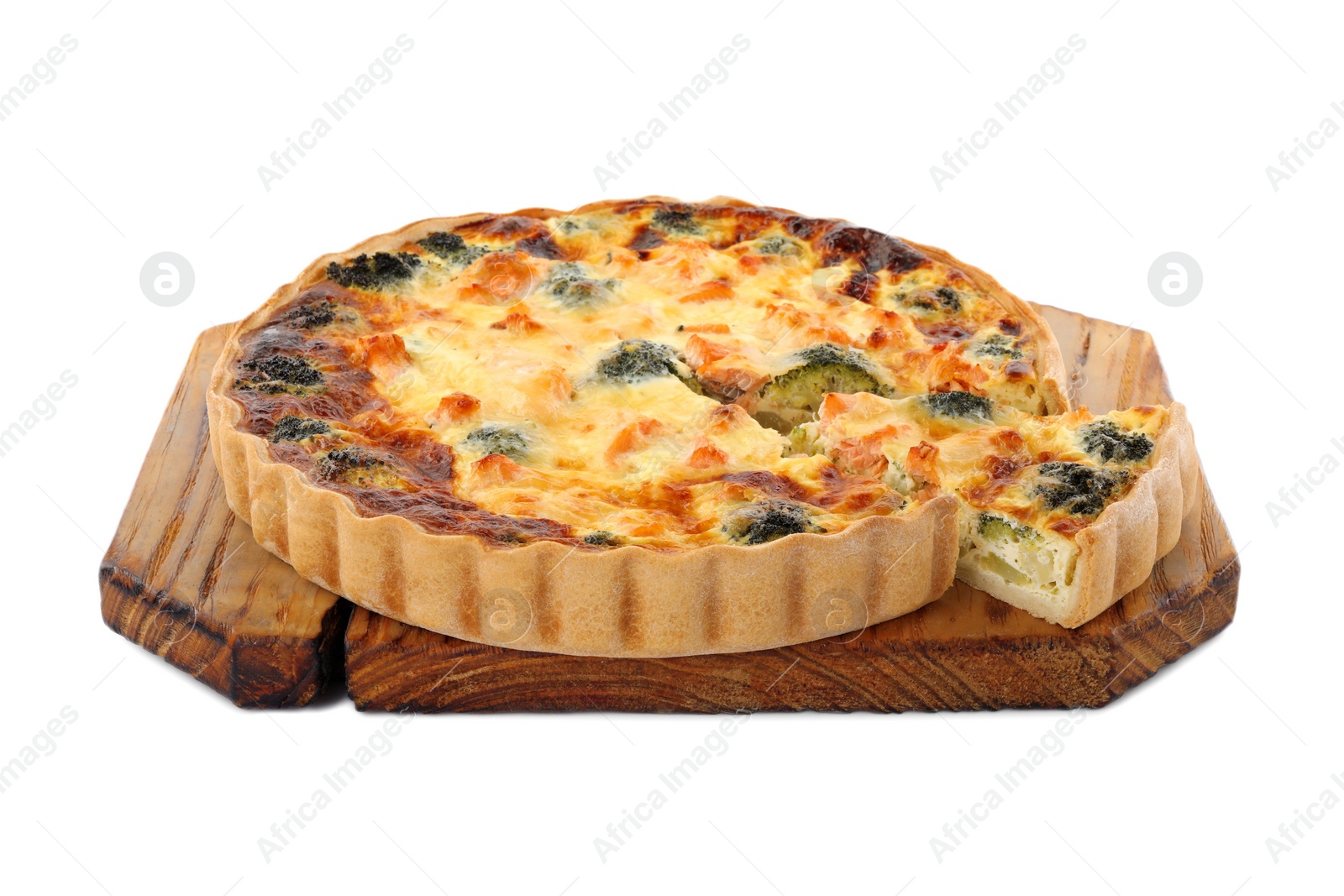 Photo of Delicious homemade quiche with salmon and broccoli isolated on white