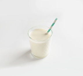 Photo of Glass of milk on white background. Natural food high in protein
