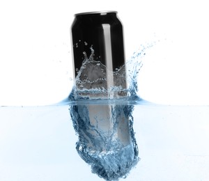 Image of Black aluminum can with splash of water on white background