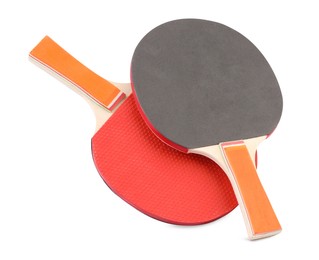 Photo of Ping pong rackets isolated on white. Sports equipment