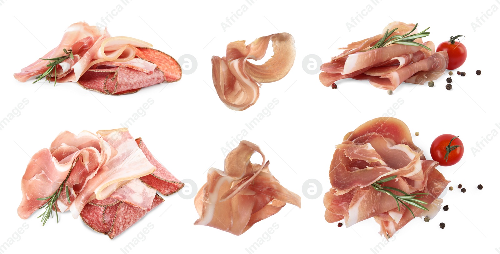 Image of Set of cut delicious prosciutto and sausages on white background. Banner design