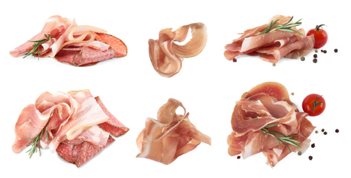 Image of Set of cut delicious prosciutto and sausages on white background. Banner design
