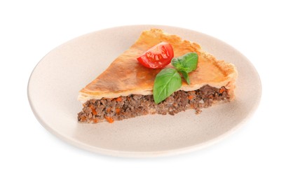 Photo of Piece of delicious pie with minced meat, tomato and basil isolated on white