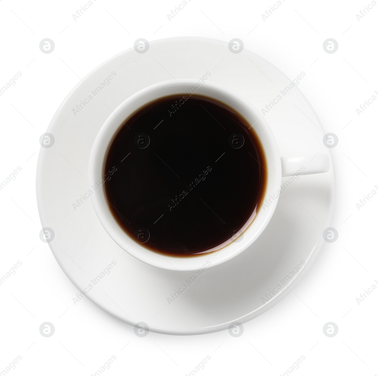 Photo of Cup of aromatic coffee isolated on white, top view