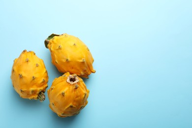 Delicious yellow pitahaya fruits on light blue background, flat lay. Space for text