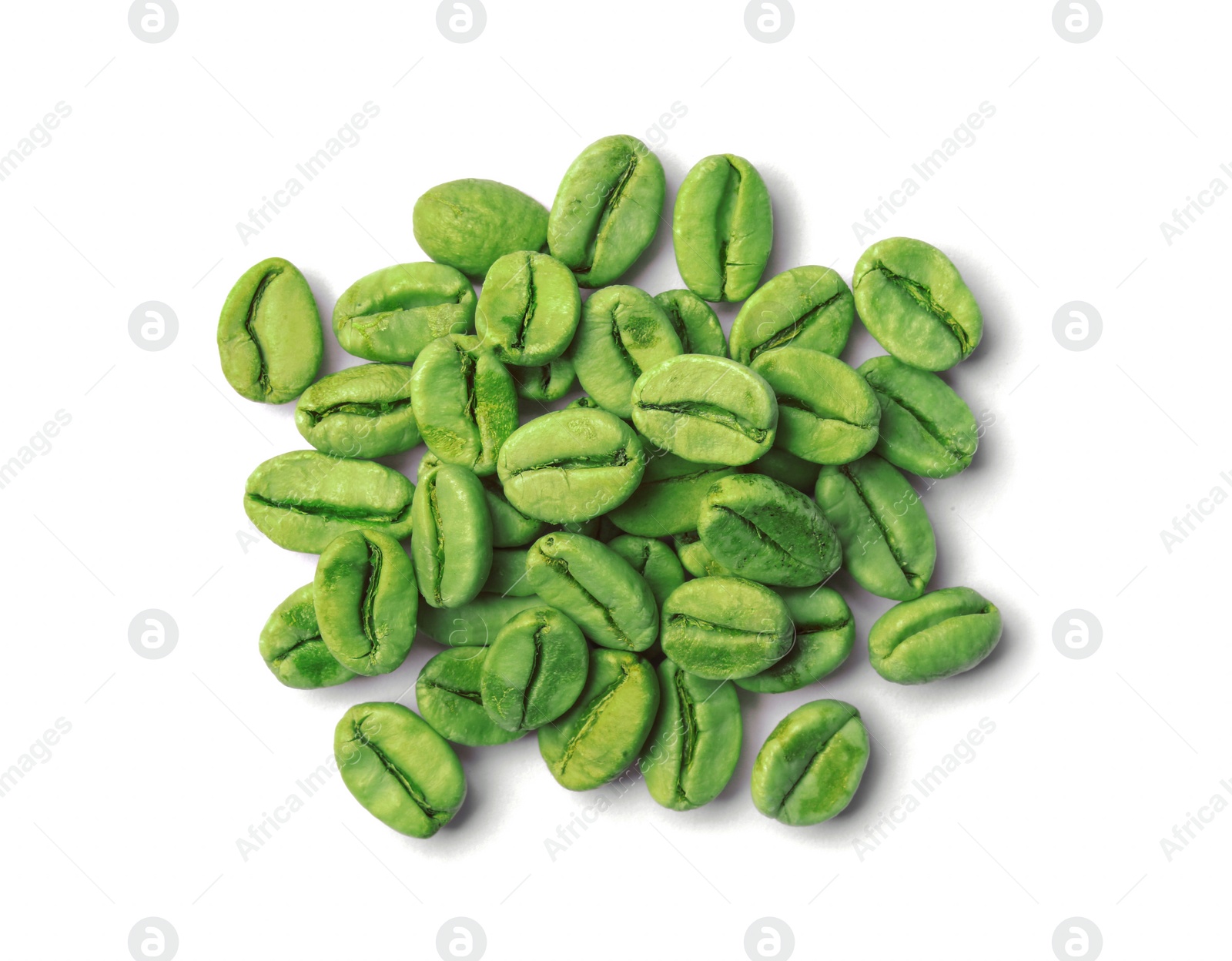 Photo of Heap of green coffee beans on white background