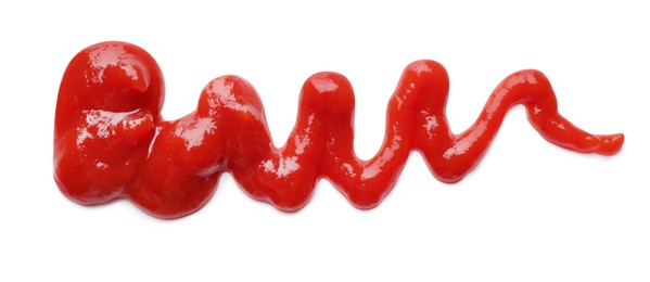 Photo of Tasty ketchup on white background, top view