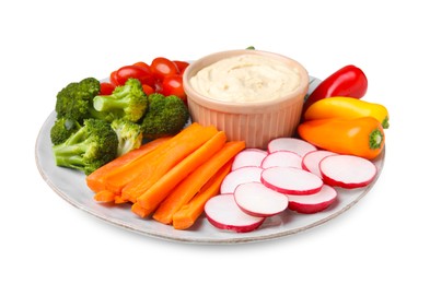 Plate with delicious hummus and fresh vegetables on white background