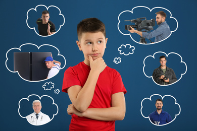 Thoughtful little boy choosing future profession on blue background