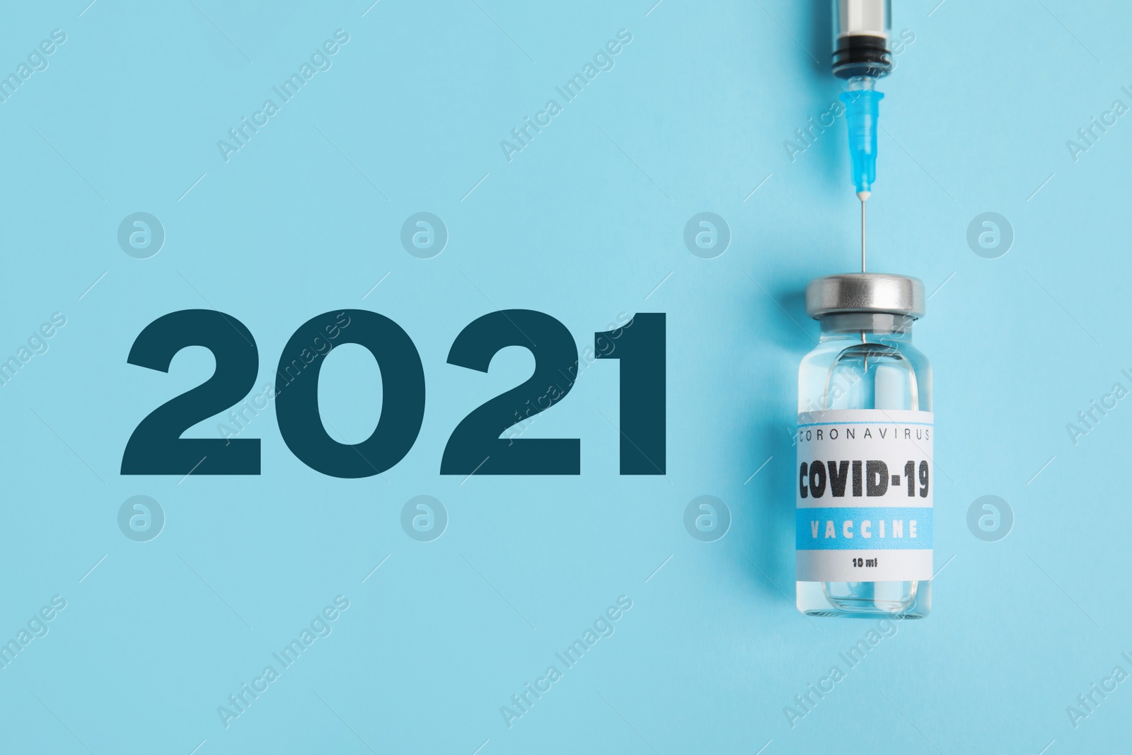 Image of Coronavirus vaccine on light blue background, flat lay 
