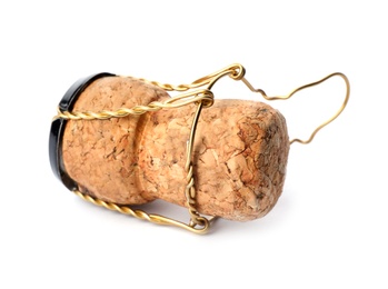 Champagne cork with wire cage isolated on white