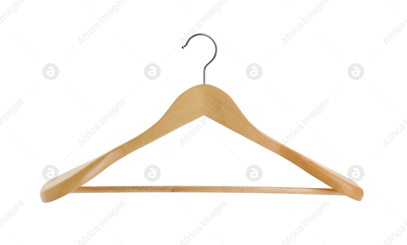 Photo of Empty wooden hanger isolated on white. Wardrobe accessory