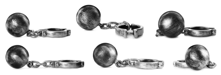 Set with metal balls and chains on white background, banner design 