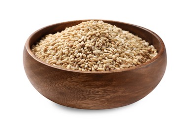 Dry pearl barley in bowl isolated on white