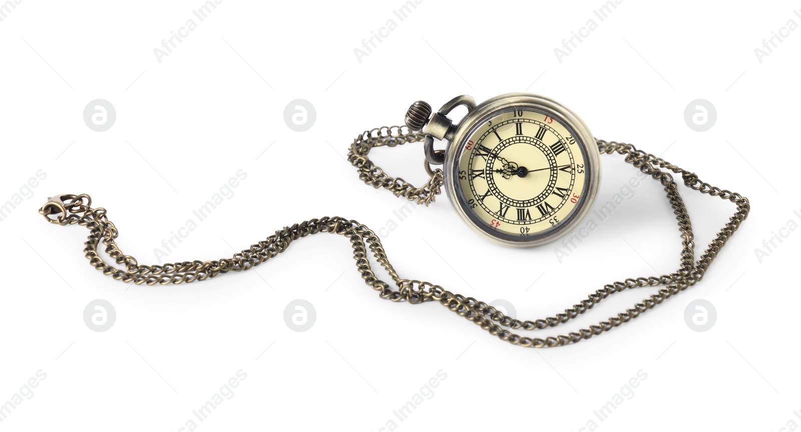 Photo of One pocket clock with chain isolated on white