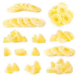 Image of Set of canned pineapple rings and pieces on white background