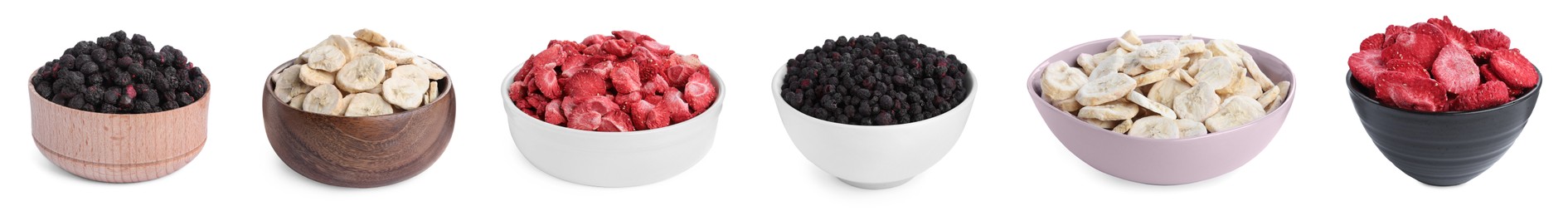 Set with different freeze dried berries and bananas on white background. Banner design