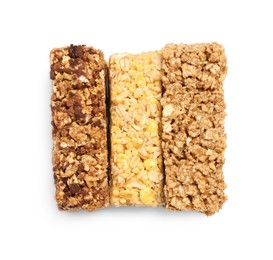 Photo of Different tasty granola bars isolated on white, top view