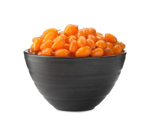 Photo of Fresh ripe sea buckthorn berries in bowl on white background