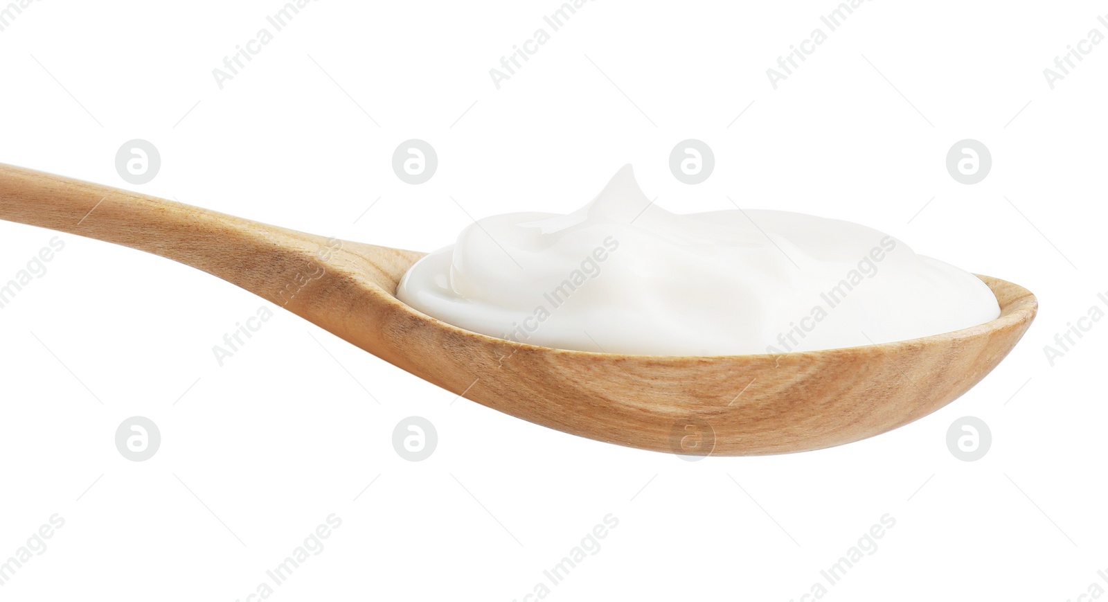 Photo of One wooden spoon with mayonnaise isolated on white