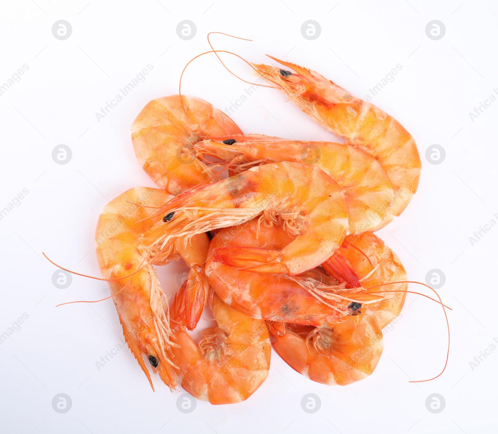 Photo of Delicious cooked shrimps isolated on white, top view