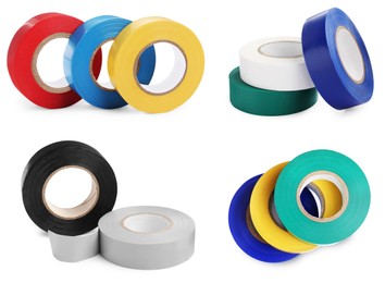 Collage with insulating tapes in different colors on white background