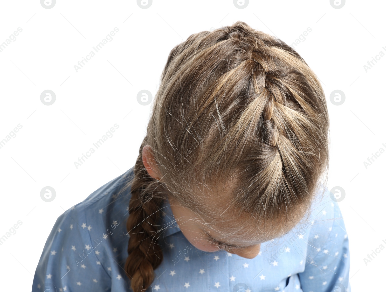 Photo of Cute little girl with braided hair on white background