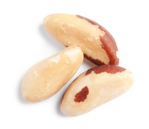 Photo of Delicious Brazil nuts on white background. Healthy snack