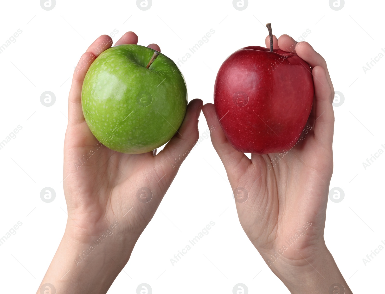 Photo of Woman holding fresh ripe red and green apples on white background, closeup