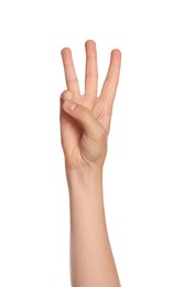 Photo of Woman showing three fingers on white background, closeup of hand