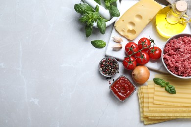 Fresh lasagna ingredients on light grey marble table, flat lay. Space for text