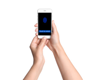 Image of Woman with smartphone scanning fingerprint on white background, closeup. Digital identity