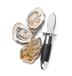 Photo of Fresh raw oysters and knife on white background, top view