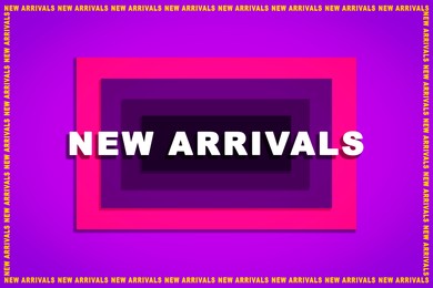 Advertising flyer or poster with text New Arrivals on violet background