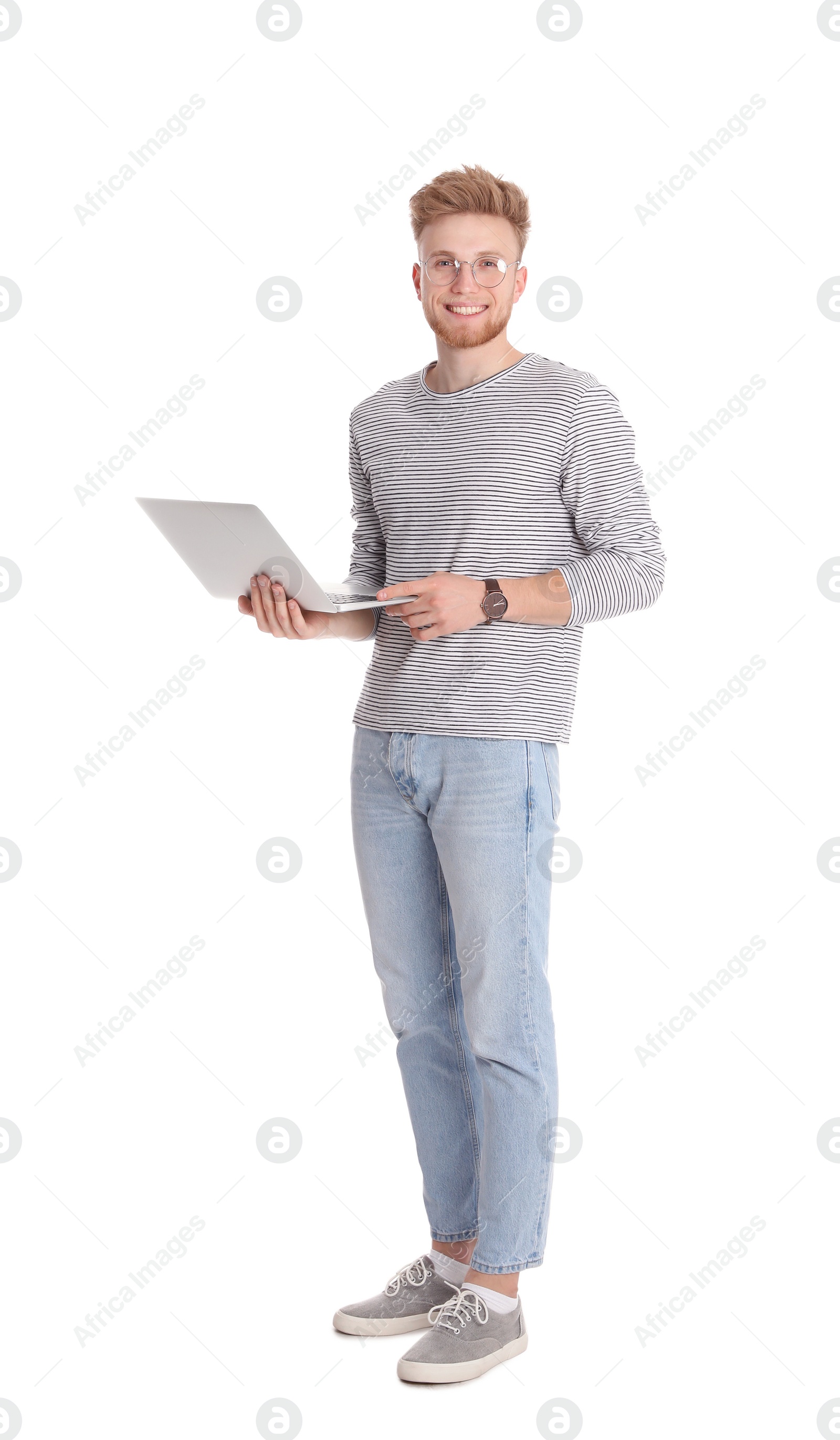 Photo of Happy man with laptop on white background