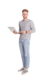 Happy man with laptop on white background