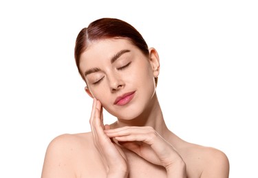 Portrait of beautiful woman on white background