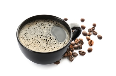 Cup with delicious hot coffee on white background