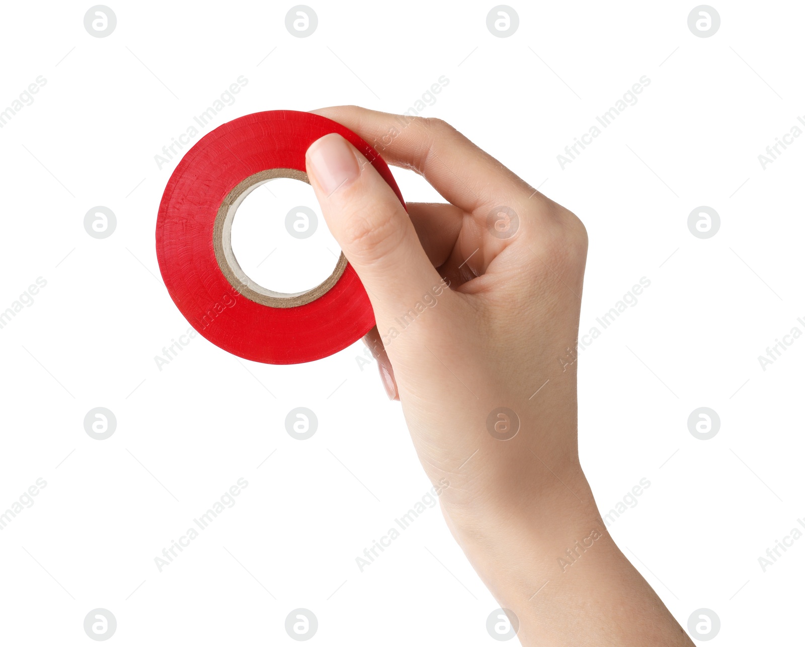 Photo of Woman holding red insulating tape on white background, closeup