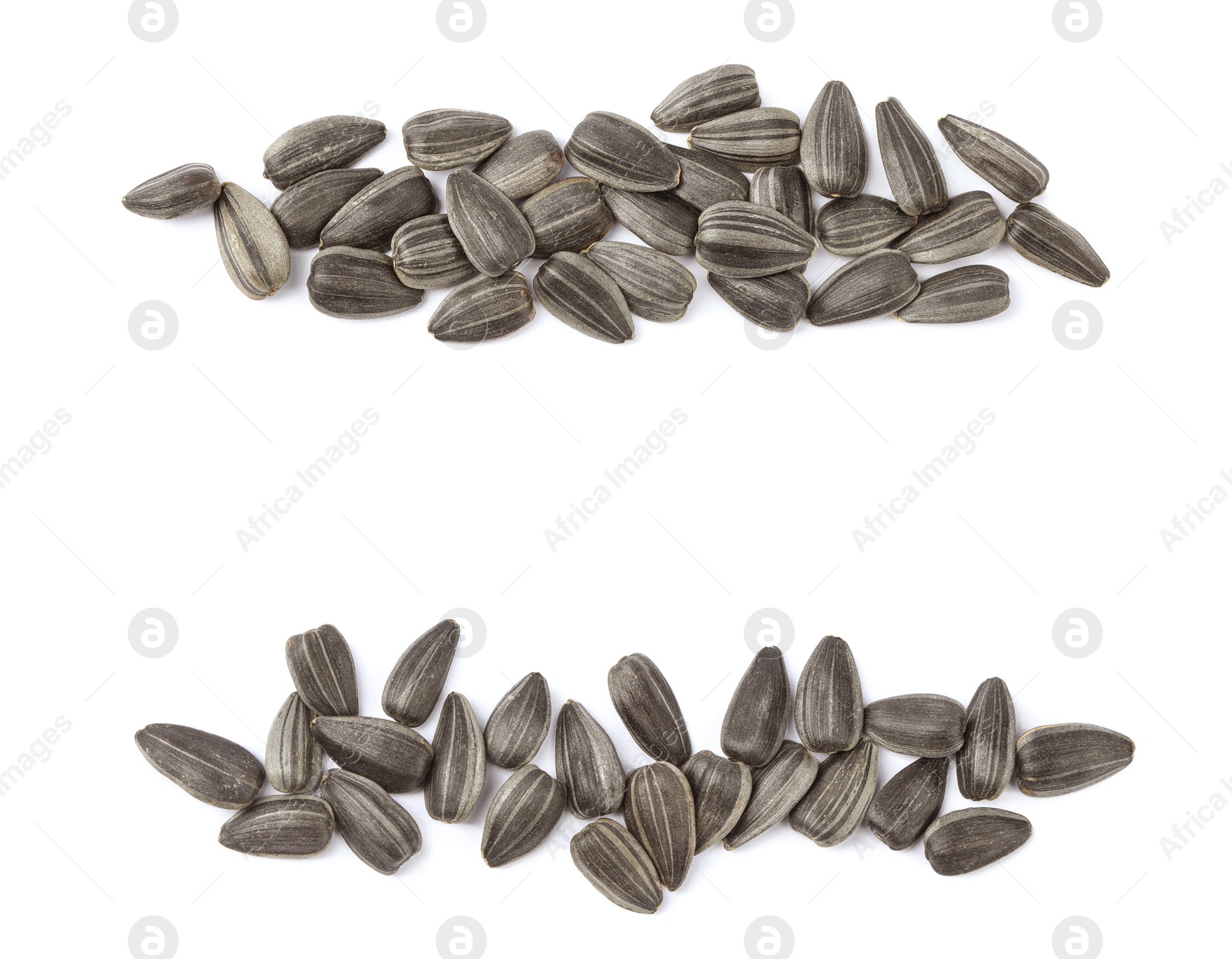 Photo of Raw sunflower seeds on white background, top view